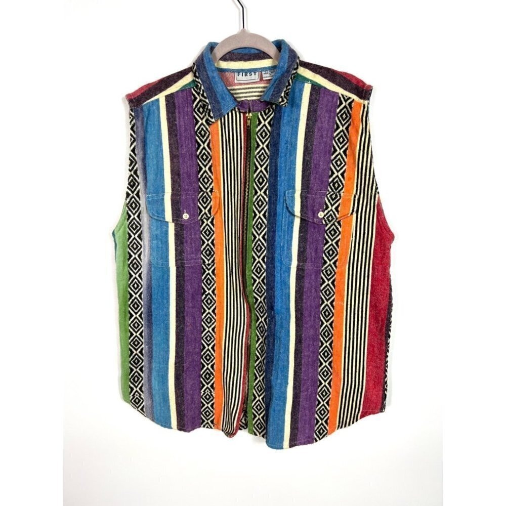 FIRST‎ CLASS Vintage Retro Striped Geometric Zip Up Vest Mens M Made in Nepal